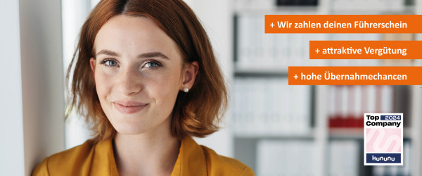 Freundliche Frau im Büro lächelt in die Kamera; daneben Hinweise auf unbefristete Stelle, Wechselprämie (1.200 €) und 13. Gehalt sowie Kununu-Siegel „Top Company 2024“.