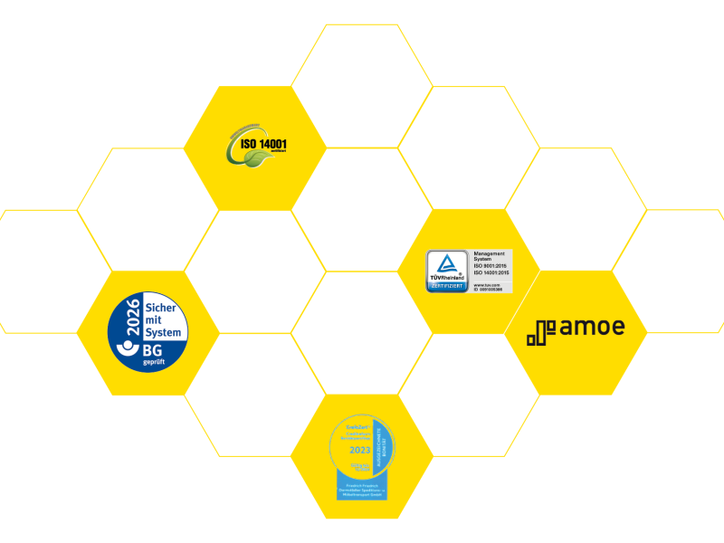 Grafik mit sechs gelben Waben zeigt Zertifikate und Logos von TÜV Rheinland, ISO 14001, BG "Sicher mit System", Creditreform, amoé und weiteren Partnern.