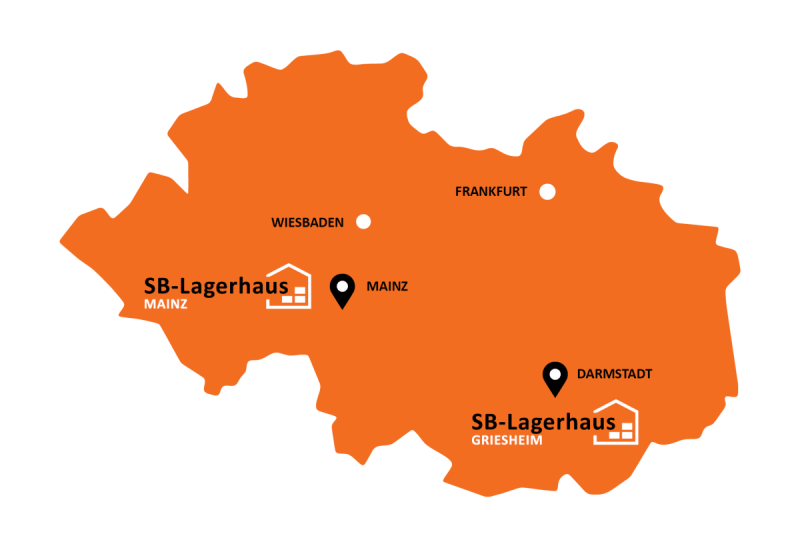 Karte zeigt die Standorte der SB-Lagerhäuser in Mainz und Griesheim bei Darmstadt, markiert auf einer hessichen Regionalkarte in Orange.