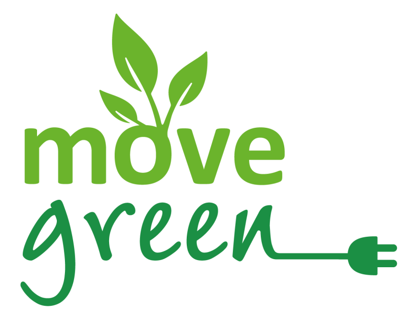 Logo mit dem Schriftzug „move green“, grüne Blätter und Stromstecker als Symbol für umweltfreundliche Mobilität.