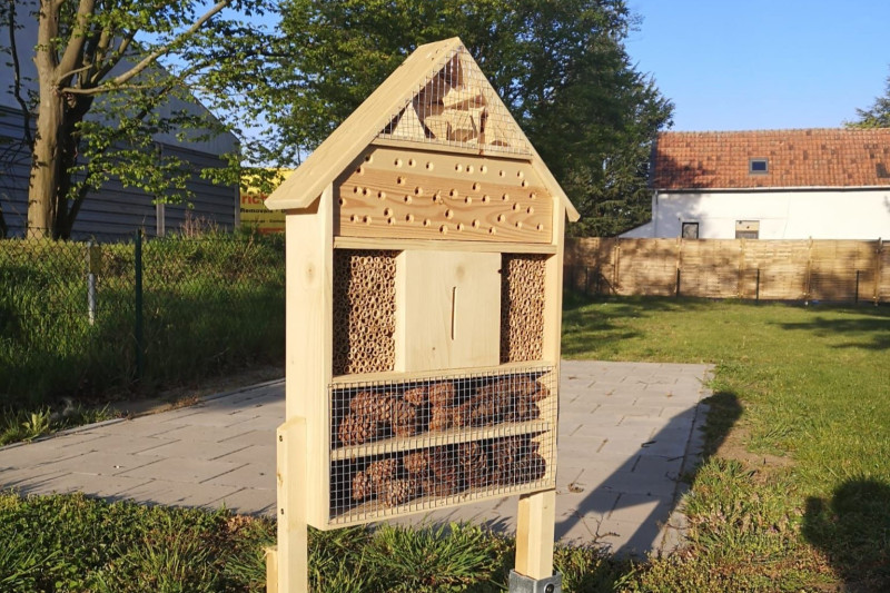 Ein Insektenhotel aus Holz steht in einer sonnigen Grünanlage.
