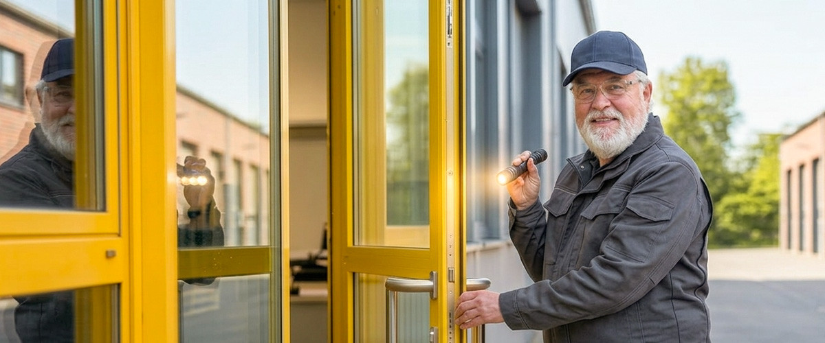Älterer Mann kontrolliert Türen und Fenster auf einem Betriebsgelände
