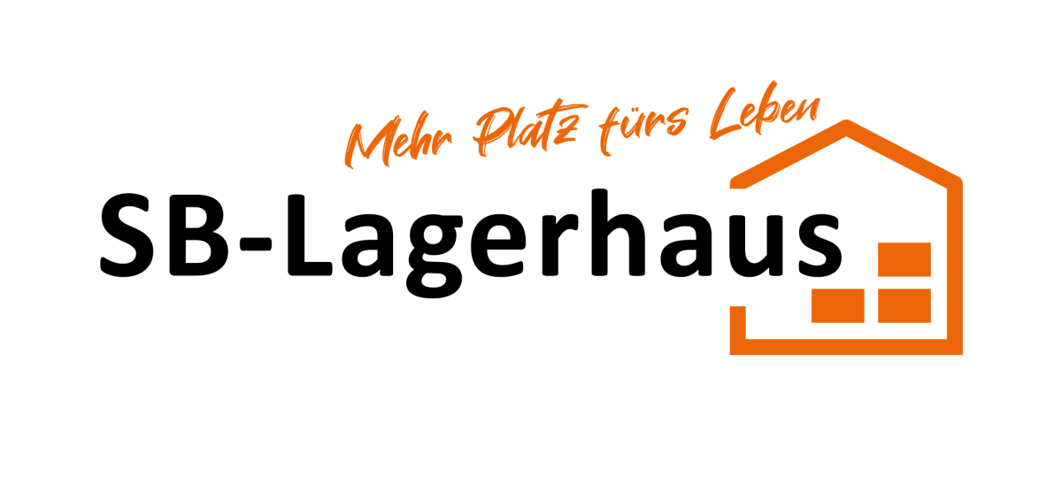 Logo von SB-Lagerhaus mit dem Slogan "Mehr Platz fürs Leben" und einem orangenen Haus.
