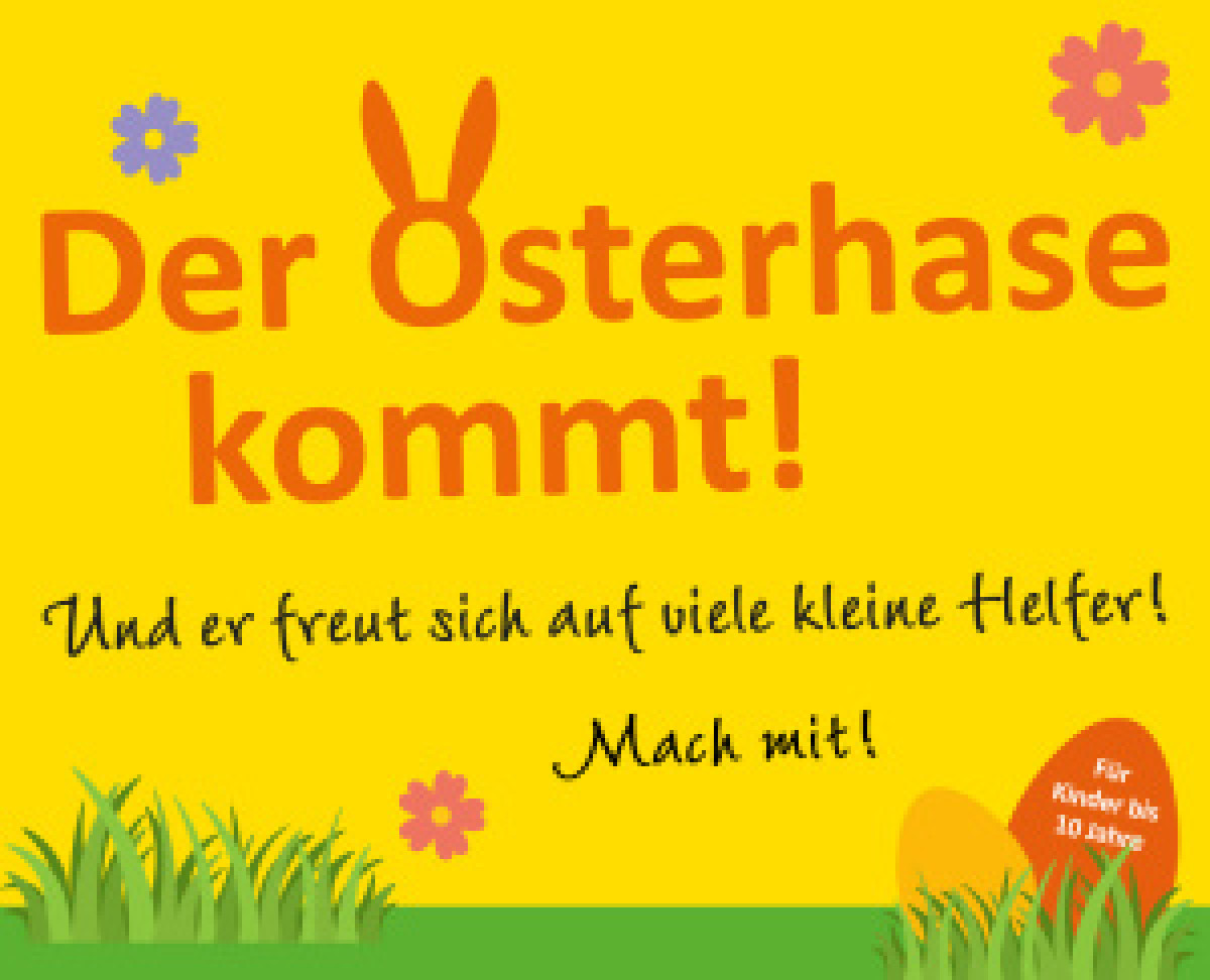 Bunte Ankündigung mit dem Text „Der Osterhase kommt!“ für eine Kinderaktion zu Ostern.