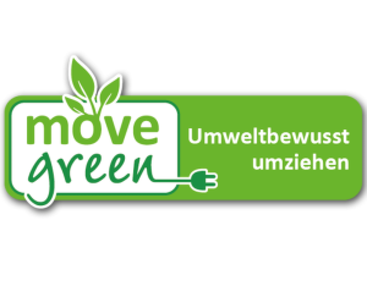Logo „move green – Umweltbewusst umziehen“ mit Blatt- und Stecker-Symbol in grünem Design.