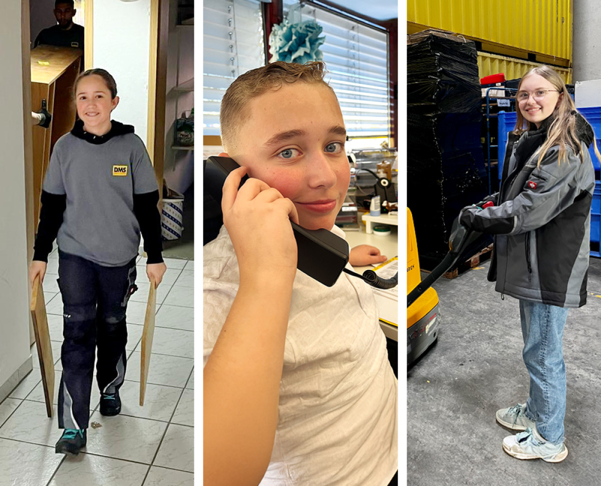 Drei Kinder beim Girls’Day und Boys’Day in unterschiedlichen Arbeitsbereichen eines Unternehmens.