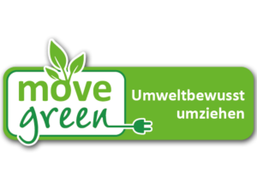 Logo „move green – Umweltbewusst umziehen“ mit Blatt- und Stecker-Symbol in grünem Design.