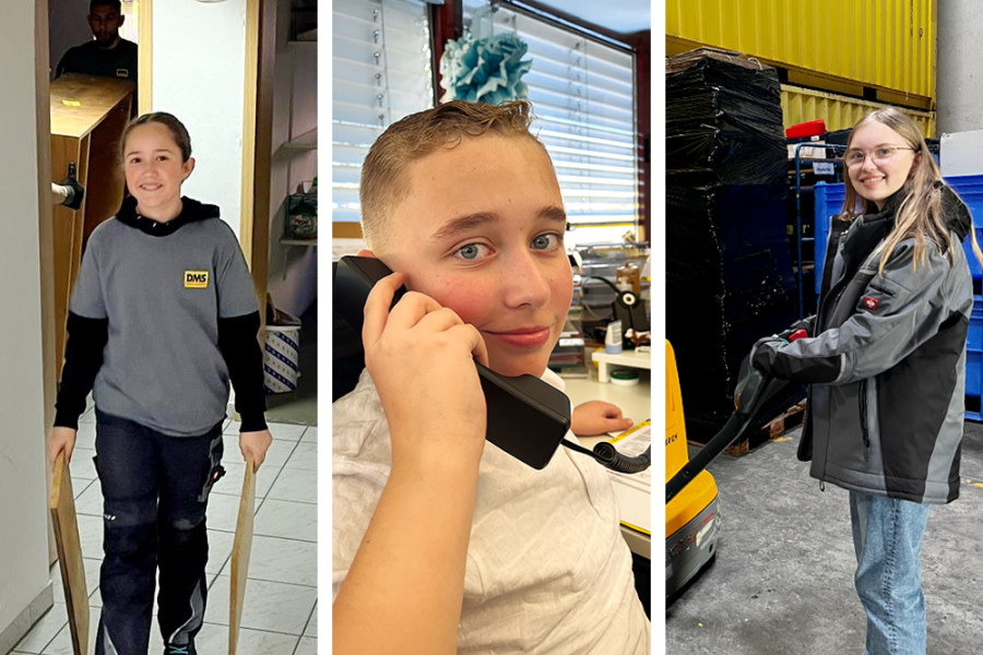 Drei Kinder beim Girls’Day und Boys’Day in unterschiedlichen Arbeitsbereichen eines Unternehmens.