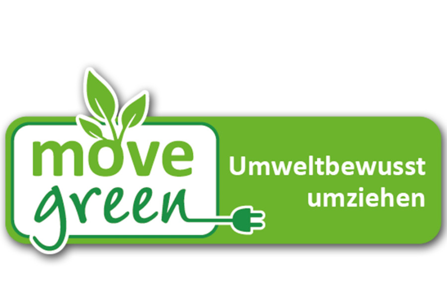 Logo „move green – Umweltbewusst umziehen“ mit Blatt- und Stecker-Symbol in grünem Design.